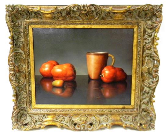 Appraisal: Reproduction still life after A Jackson polychrome print on canvas