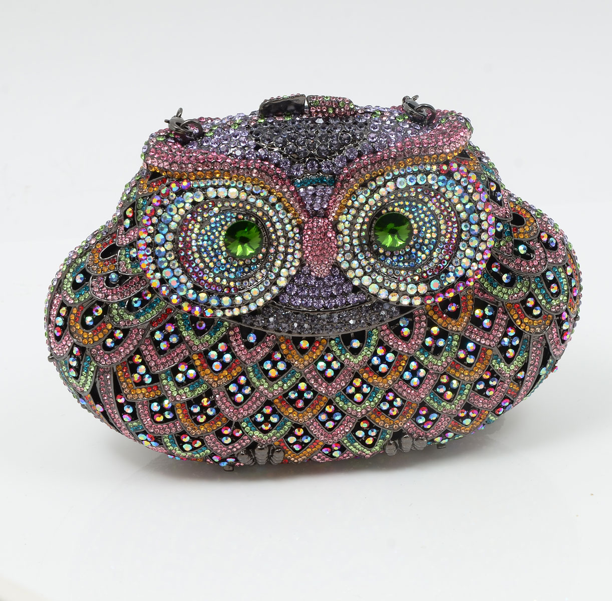 Appraisal: OFF PARK COLLECTION CRYSTAL ENAMEL OWL CLUTCH Round multicolor crystal