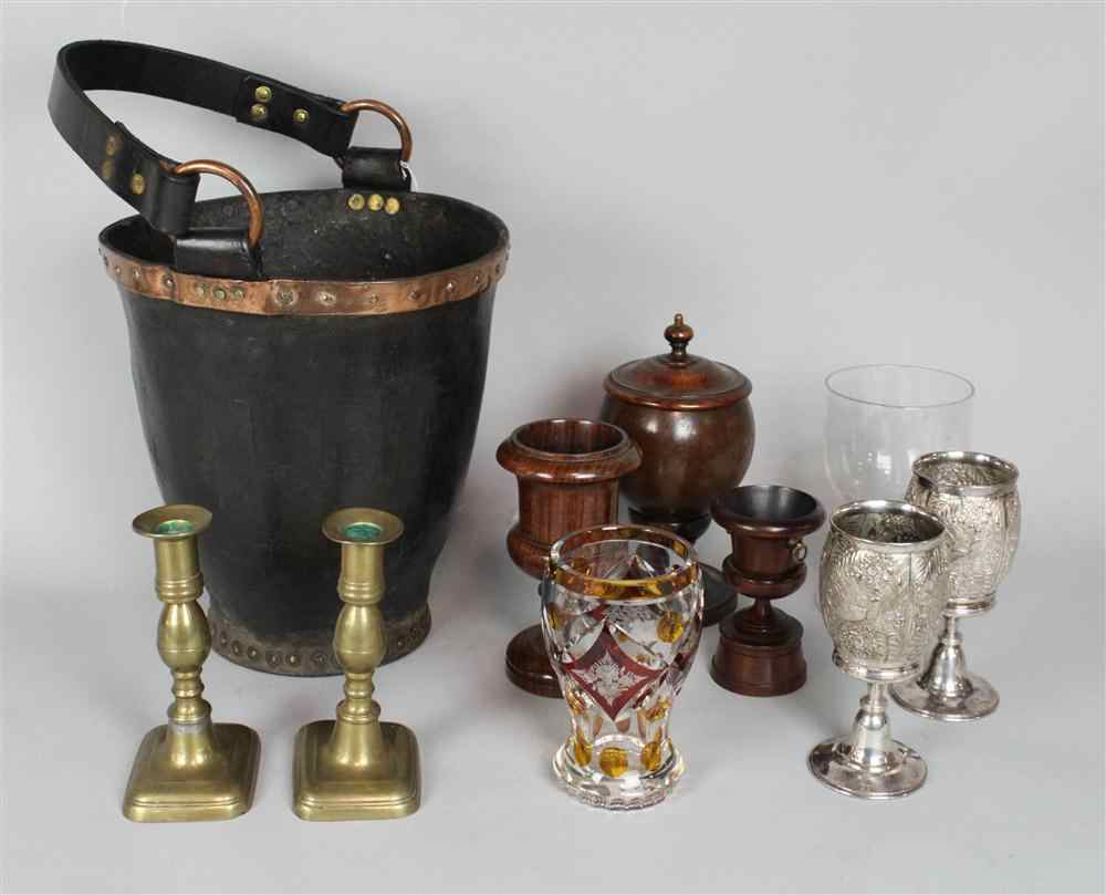 Appraisal: MISCELLANEOUS GROUP OF OBJECTS including a leather fire bucket a