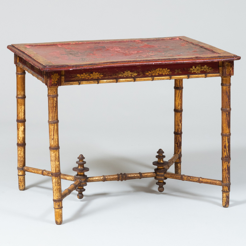 Appraisal: Regency Style Faux Bamboo Red Japanned and Parcel-Gilt Side Table