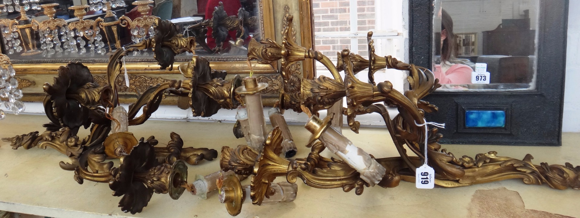 Appraisal: A pair of French ormolu five branch wall light of