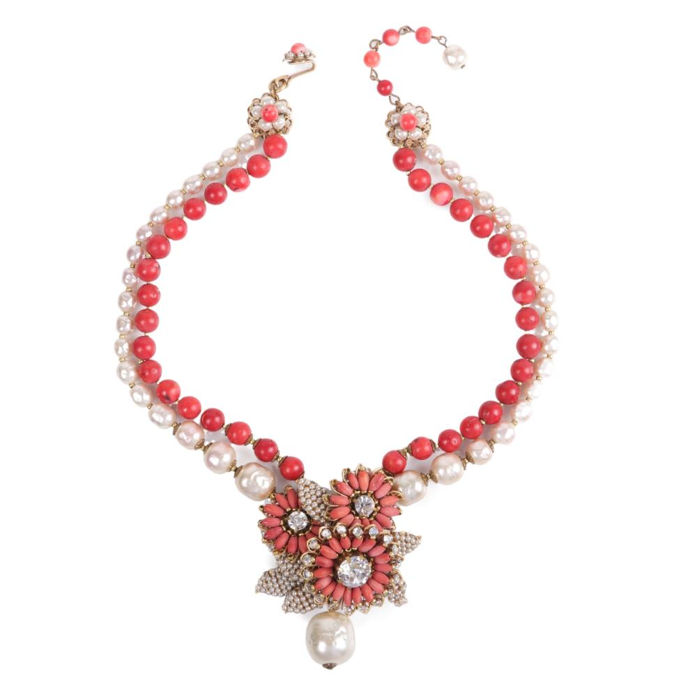 Appraisal: MIRIAM HASKELL DOUBLE STRAND FAUX PEARL AND RED CORAL COLOR