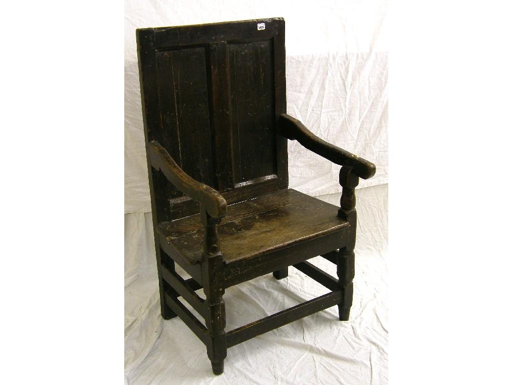 Appraisal: Antique wainscot type armchair the panelled back over a solid