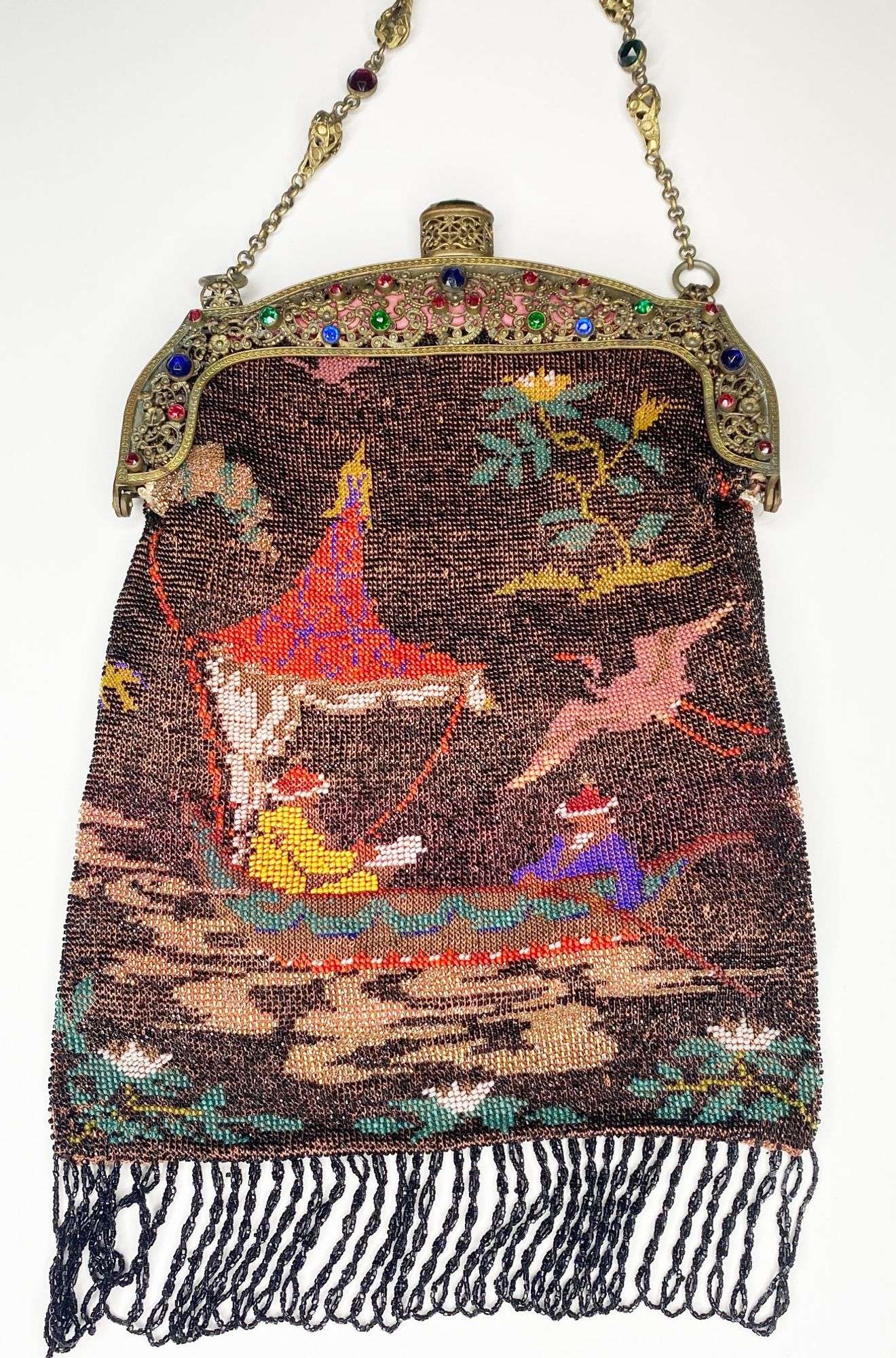 Appraisal: Micro Beaded Purse with Asian Boating Scene and Jeweled Frame