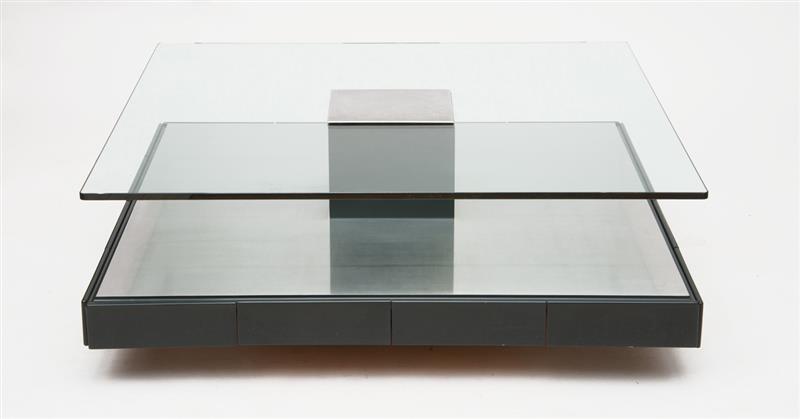 Appraisal: CONTEMPORARY BRUSHED METAL GLASS AND LACQUERED WOOD LOW TABLE BY