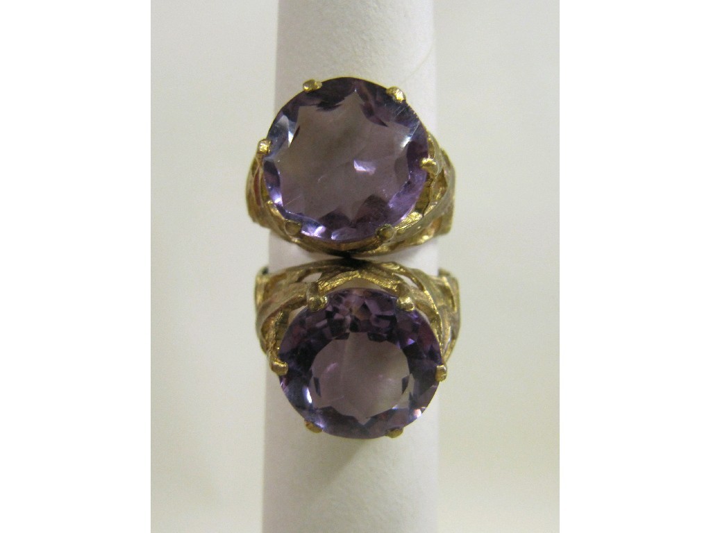 Appraisal: Two ct gold amethyst single stone rings