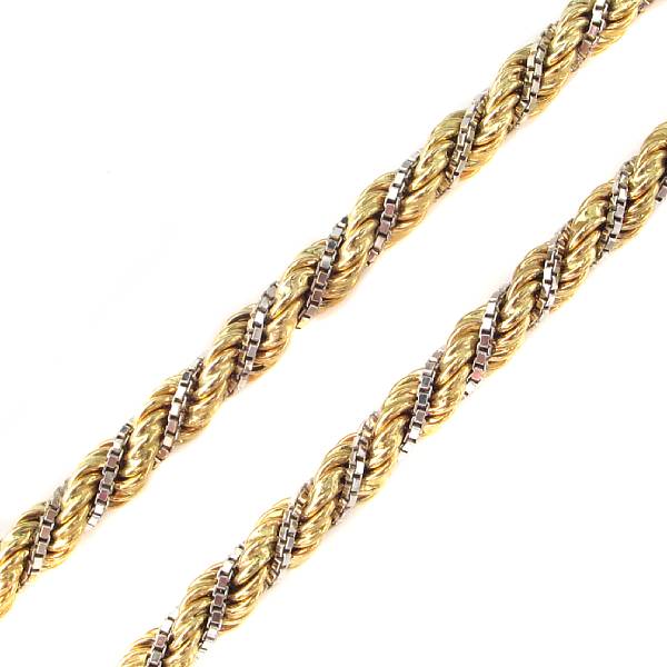 Appraisal: An k gold rope necklace with a white gold box