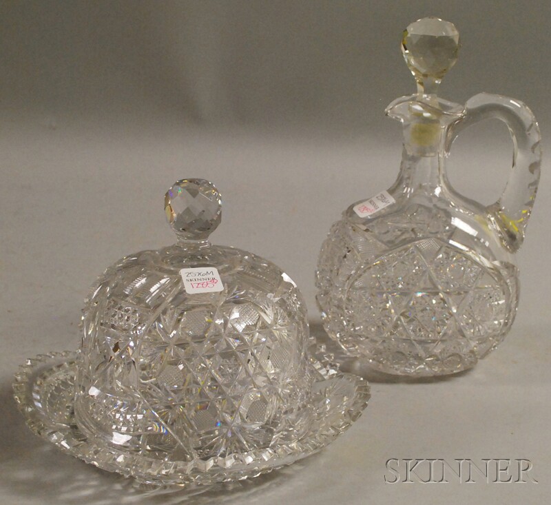 Appraisal: Brilliant-cut Colorless Glass Jug-form Decanter and Cheese Dish with Dome