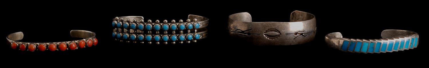 Appraisal: FOUR SOUTHWESTERN SILVER BRACELETS mounted with turquoise and agate ConditionUndamaged