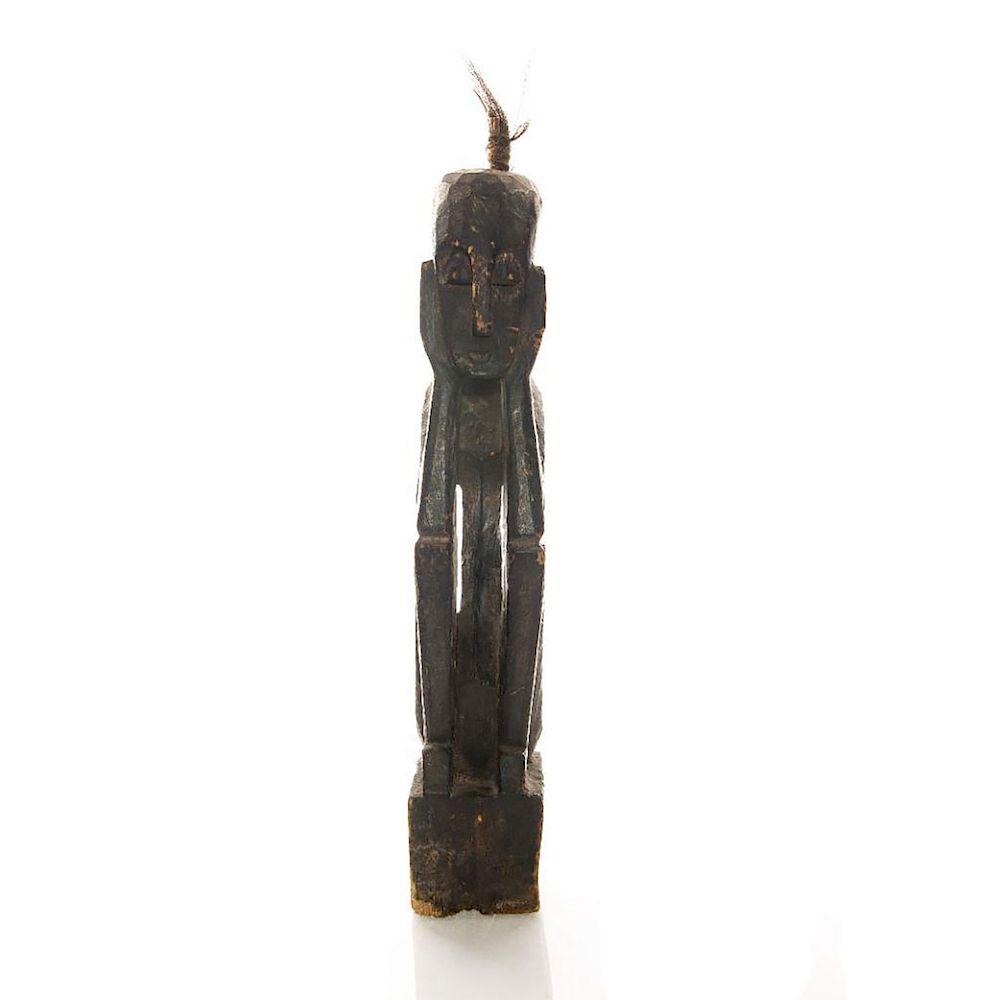 Appraisal: TEAK WOODEN AFRICAN TRIBAL SCULPTURE WITH HAIR Sitting man on