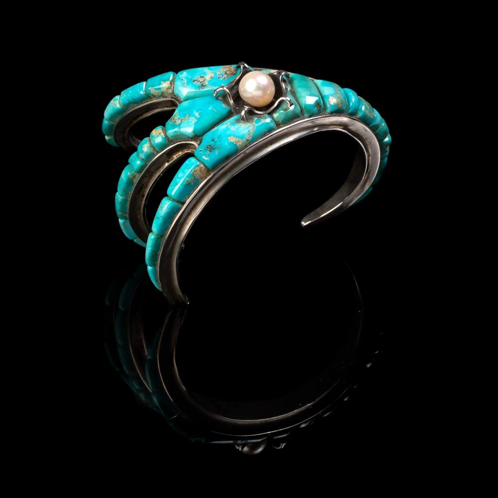 Appraisal: BEN NIGHTHORSE CAMPBELL TURQUOISE SILVER AND PEARL CLAW CUFF CA