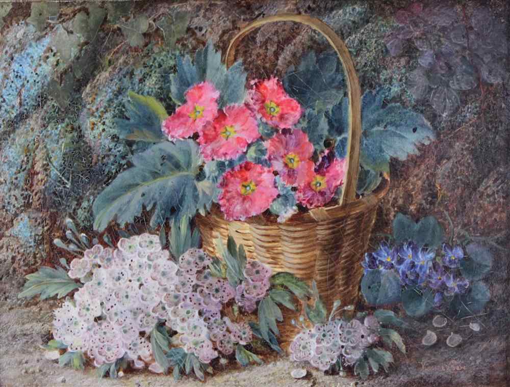 Appraisal: VINCENT CLARE BRITISH - PRIMULAS IN A BASKET WITH BLOSSOM