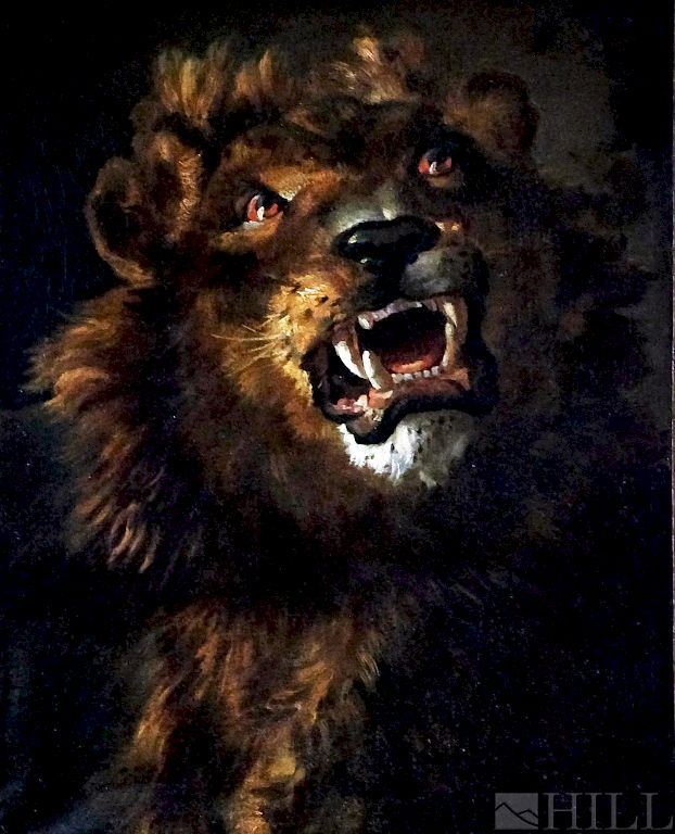 Appraisal: Antique th C Roaring Lion Portrait Oil Painting Portrait of