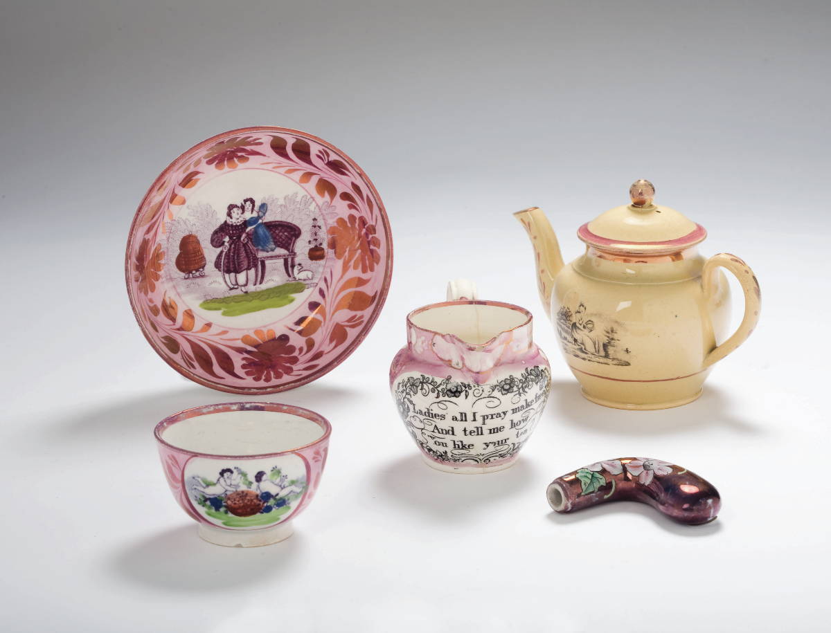 Appraisal: FOUR BRITISH PINK LUSTRE ENAMEL-DECORATED AND TRANSFER-PRINTED WARES PERTAINING TO