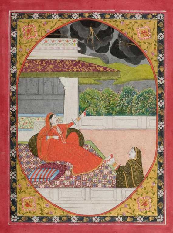 Appraisal: A MINIATURE PAINTING OF A LADY WATCHING THE SKY India