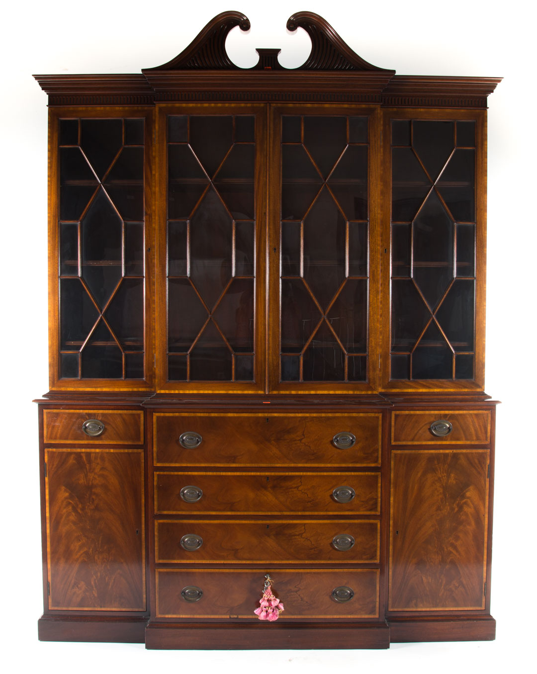 Appraisal: George III style inlaid mahogany breakfront Beacon Hill Collection broken