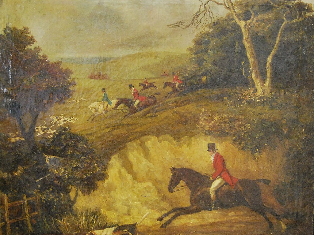 Appraisal: th century English school - Extensive hunting scene oil on