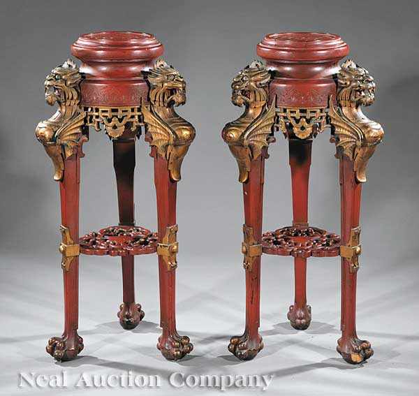 Appraisal: A Pair of French Belle poque Red Lacquered and Gilded