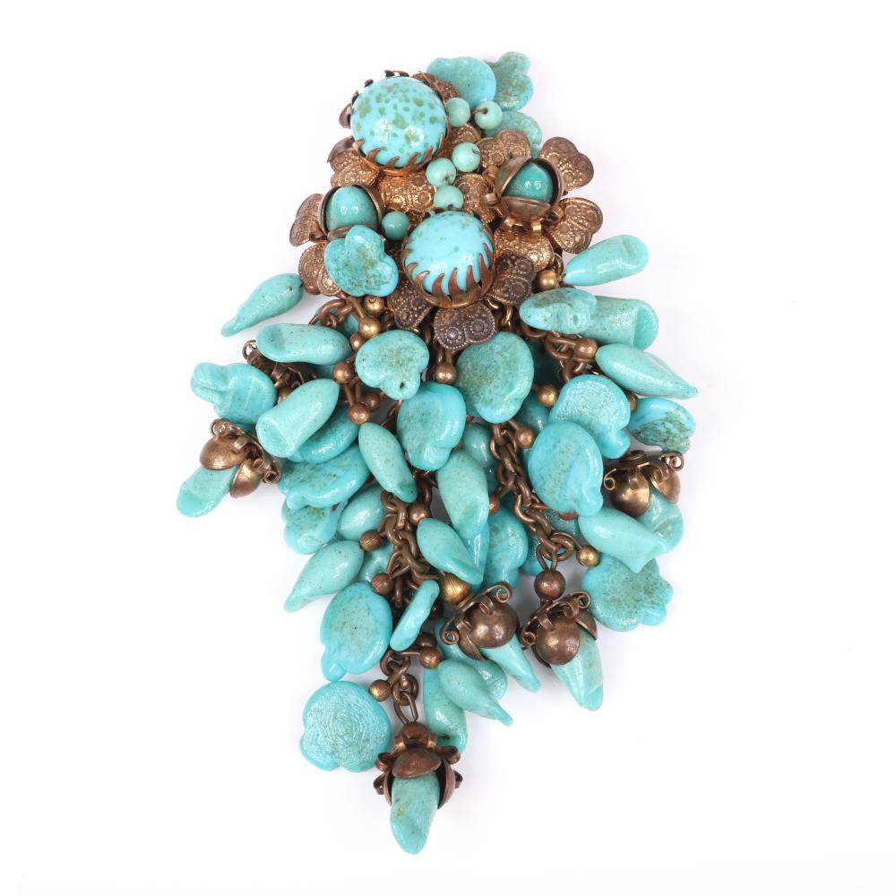 Appraisal: MIRIAM HASKELL UNSIGNED FLORAL WATERFALL BROOCH WITH CASCADING TURQUOISE GLASS