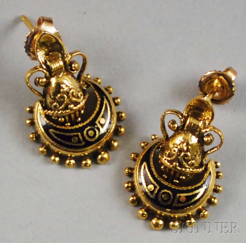 Appraisal: Pair of kt Gold and Enamel Etruscan Revival-style Earrings total