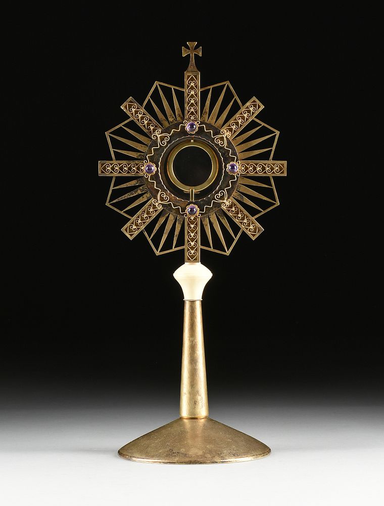 Appraisal: A MODERN CONTINENTAL AMETHYST AND BONE MOUNTED SILVER-GILT MONSTRANCE TH