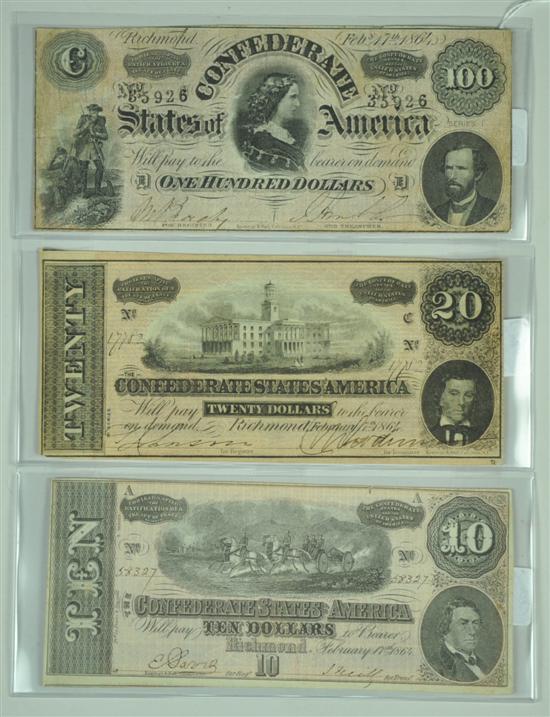 Appraisal: Three Confederate Notes with Lucy Pickens dated Feb CR Circa