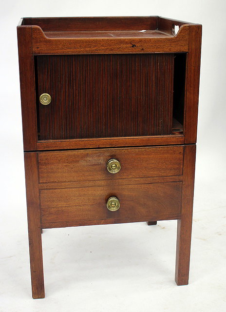 Appraisal: A GEORGE III MAHOGANY TAMBOUR FRONTED NIGHT STAND with a