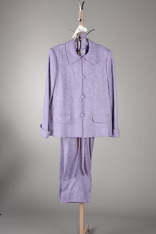 Appraisal: Andr Laug purple wool tweed leather trim jacket with roll-up