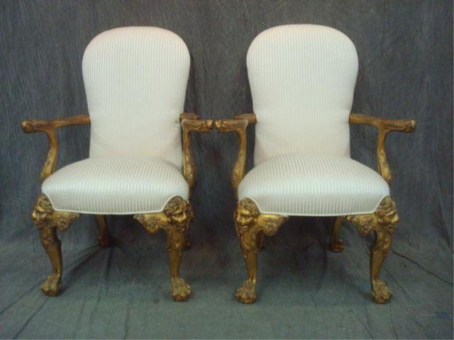 Appraisal: Pair of Giltwood Hairy Paw Upholstered Arm Chairs with Lion