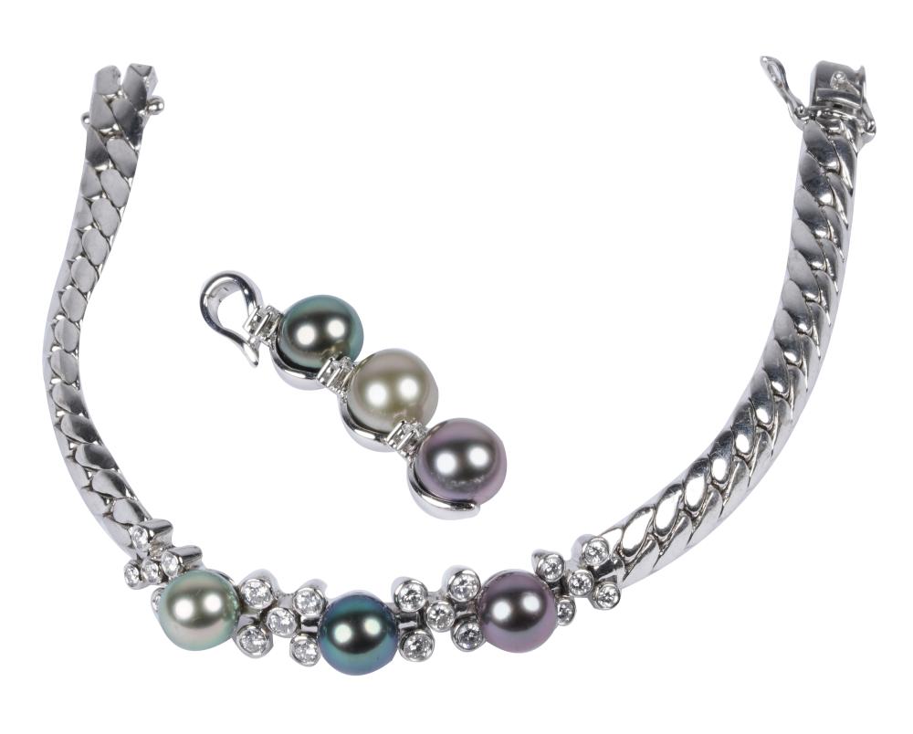 Appraisal: KARAT WHITE GOLD DIAMOND CULTURED PEARL BRACELET PENDANTthe bracelet containing