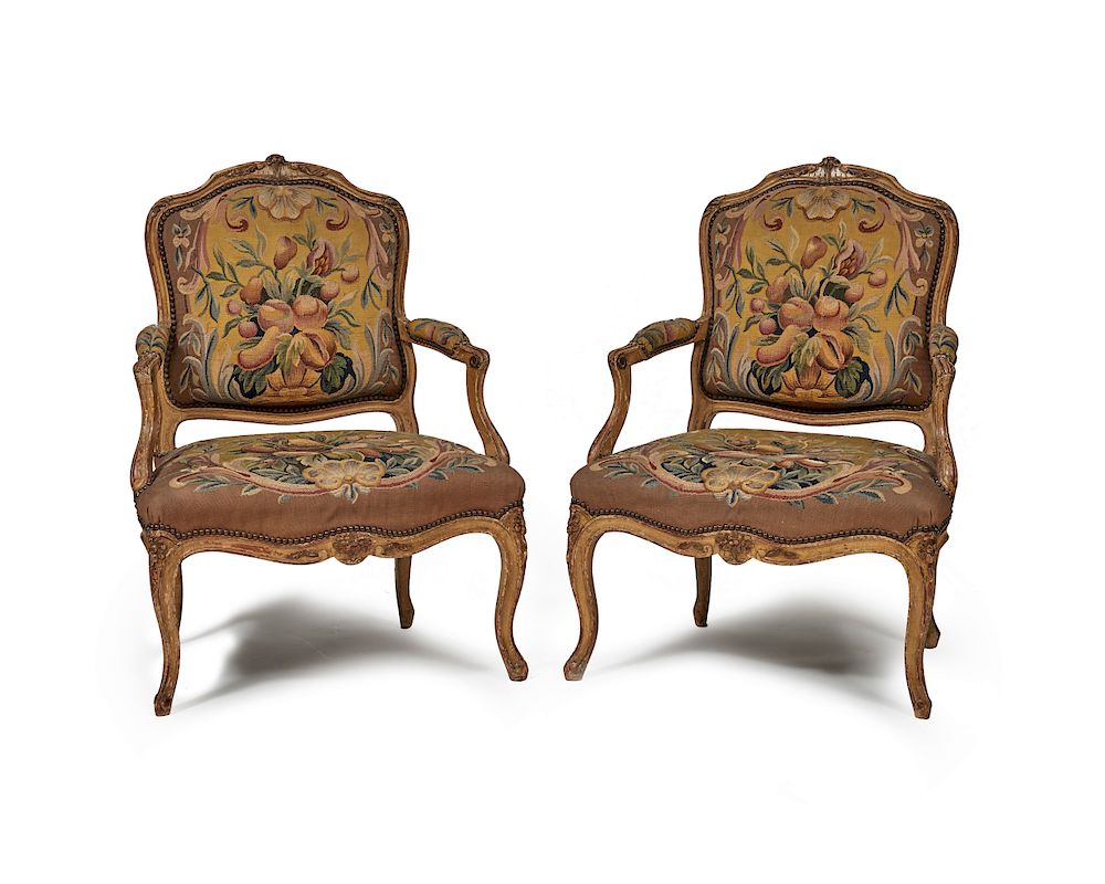 Appraisal: Pair of Louis XV Style Tapestry Upholstered Armchairs Pair of