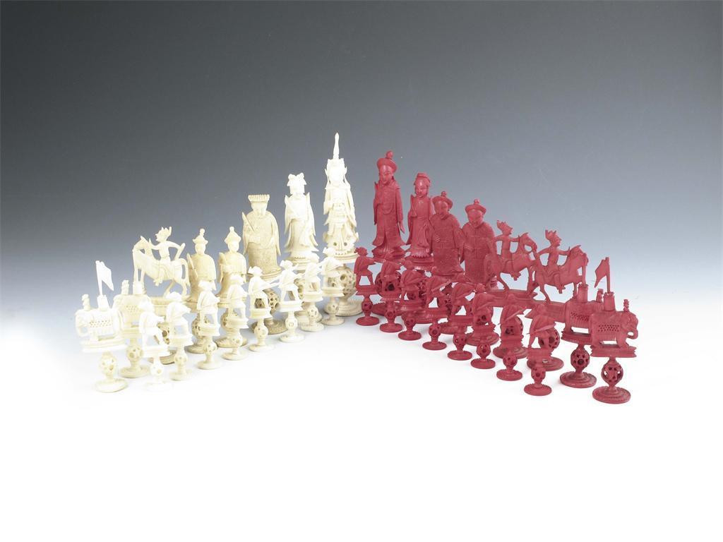 Appraisal: A late th century Chinese carved ivory harlequin chess set