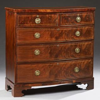 Appraisal: English Banded Inlaid Carved Mahogany Bowfront Che English Banded Inlaid