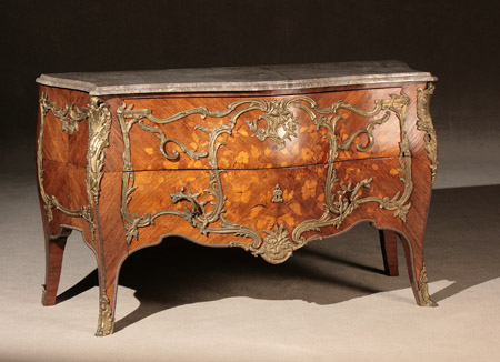 Appraisal: Louis XV Style Ormolu Mounted Marquetry Kingwood Marble-Top Bomb Commode