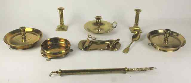 Appraisal: Three brass chamber sticks a circular tray a pair of