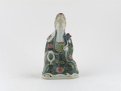 Appraisal: A Chinese rose verte seated model of Guanyin holding a