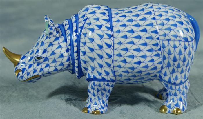 Appraisal: Herend fishnet figurine blue rhinoceros long no damage Estimate -