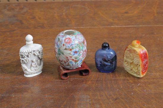 Appraisal: FOUR ASIAN ITEMS Three snuff bottles two carved one painted