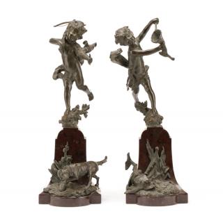 Appraisal: Pair Patinated Bronze Putto on Marble Stands Continental mid to