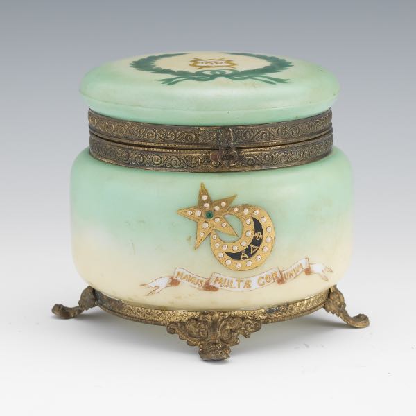 Appraisal: HANDEL PAINTED GLASS HUMIDOR WITH BASE x Green and light