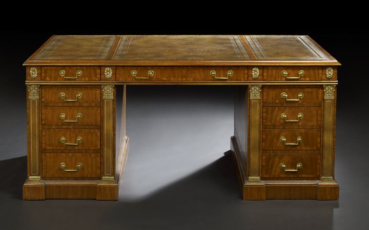 Appraisal: Regency-Style Mahogany Pedestal Desk the rectangular top inset with three