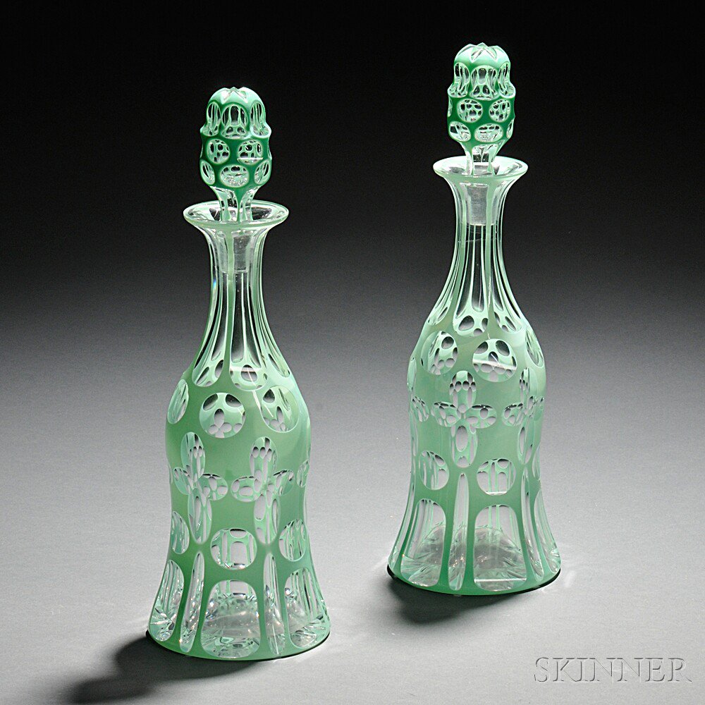 Appraisal: Pair of Green-to-Clear Glass Decanters late th early th century