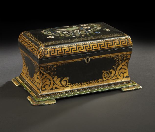 Appraisal: Good English Black-Lacquered Papier-Mache Chinoiserie Tea Box third quarter th