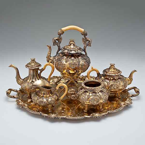 Appraisal: Gilt-Silverplated Coffee and Tea Service Continental th century A gilt-silverplated