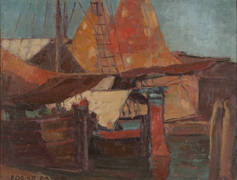 Appraisal: Docked sailboats oil on canvasboard '' H x '' W