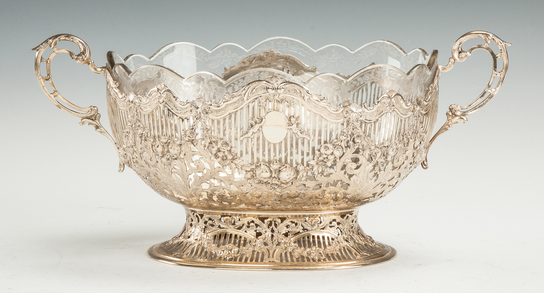 Appraisal: German Silver Centerpiece with Glass Insert Reticulated work etched insert