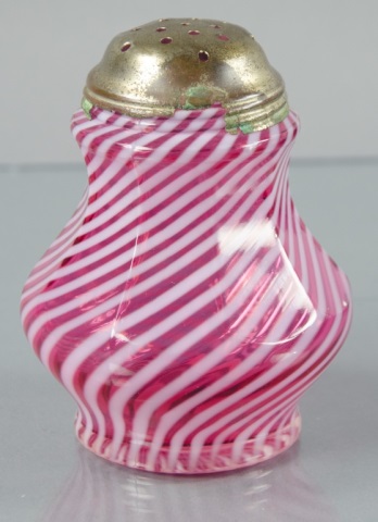 Appraisal: Cranberry Opalescent Swirl Sugar ShakerNine-panel body above bulbous base Metal