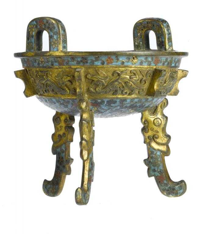 Appraisal: A CHINESE GILT BRONZE AND CLOISONN ENAMEL ARCHAISTIC TRIPOD CENSER