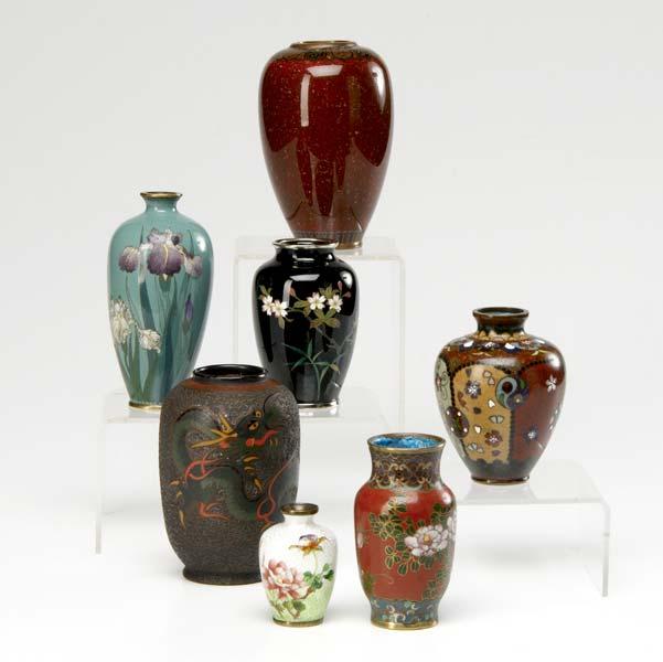 Appraisal: JAPANESE CLOISONNE Seven pieces including a Totai vase on porcelain