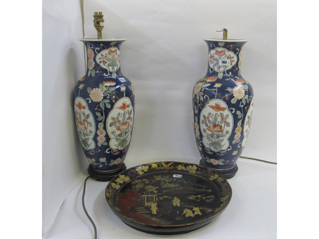 Appraisal: Chinese lacquered plate and a pair of table lamps